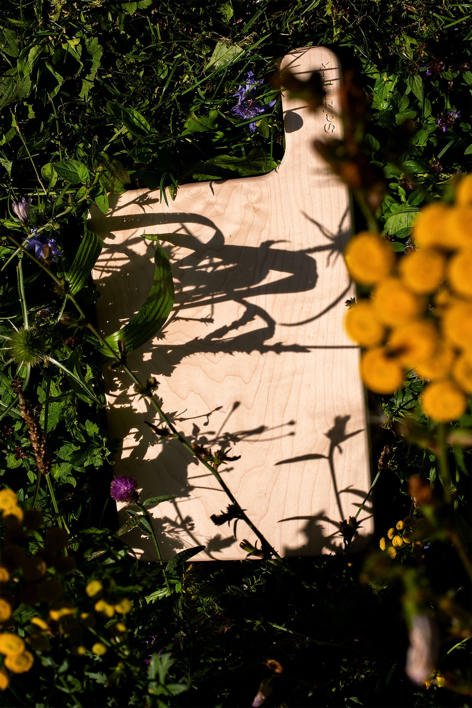 Wooden board on grass with shadow, surrounded by flowers